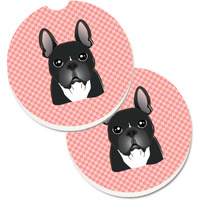 "Caroline's Treasures Checkerboard Pink French Bulldog Set of 2 Cup Holder Car Coasters BB1227CARC, 2.56, Multicolor"
