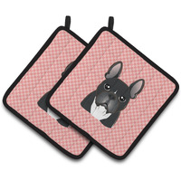 "Caroline's Treasures Checkerboard Pink French Bulldog Pair of Pot Holders BB1227PTHD, 7.5HX7.5W, Multicolor"