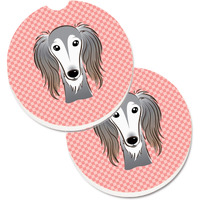 "Caroline's Treasures Checkerboard Pink Saluki Set of 2 Cup Holder Car Coasters BB1229CARC, 2.56, Multicolor"