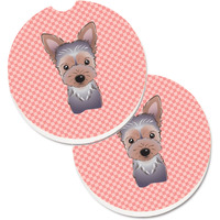 "Caroline's Treasures Checkerboard Pink Yorkie Puppy Set of 2 Cup Holder Car Coasters BB1232CARC, 2.56, Multicolor"
