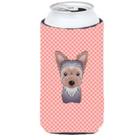 Checkerboard Pink Yorkie Puppy Tall Boy Beverage Insulator Hugger BB1232TBC