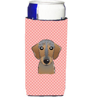 Checkerboard Pink Wirehaired Dachshund Ultra Beverage Insulators for slim cans