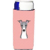 Checkerboard Pink Italian Greyhound Ultra Beverage Insulators for slim cans