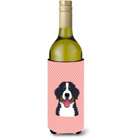 Checkerboard Pink Bernese Mountain Dog Wine Bottle Beverage Insulator Hugger BB1237LITERK