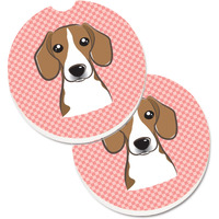 "Caroline's Treasures Checkerboard Pink Beagle Set of 2 Cup Holder Car Coasters BB1239CARC, 2.56, Multicolor"