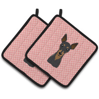 "Caroline's Treasures Checkerboard Pink Min Pin Pair of Pot Holders BB1240PTHD, 7.5HX7.5W, Multicolor"
