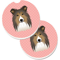 "Caroline's Treasures Checkerboard Pink Sheltie Set of 2 Cup Holder Car Coasters BB1242CARC, 2.56, Multicolor"