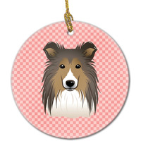 Checkerboard Pink Sheltie Ceramic Ornament BB1242CO1