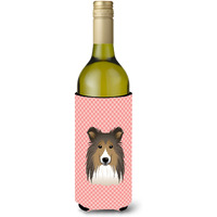 Checkerboard Pink Sheltie Wine Bottle Beverage Insulator Hugger BB1242LITERK