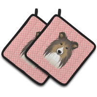"Caroline's Treasures Checkerboard Pink Sheltie Pair of Pot Holders BB1242PTHD, 7.5HX7.5W, Multicolor"