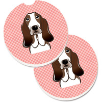"Caroline's Treasures Checkerboard Pink Basset Hound Set of 2 Cup Holder Car Coasters BB1243CARC, 2.56, Multicolor"
