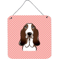 "Caroline's Treasures Checkerboard Pink Basset Hound Wall or Door Hanging Prints, 6 x 6"""