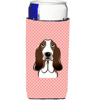 Checkerboard Pink Basset Hound Ultra Beverage Insulators for slim cans BB1243MUK