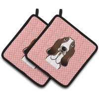 "Caroline's Treasures Checkerboard Pink Basset Hound Pair of Pot Holders BB1243PTHD, 7.5HX7.5W, Multicolor"