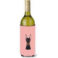 Checkerboard Pink Doberman Wine Bottle Beverage Insulator Hugger BB1245LITERK