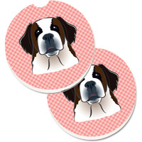 "Caroline's Treasures Checkerboard Pink Saint Bernard Set of 2 Cup Holder Car Coasters BB1246CARC, 2.56, Multicolor"