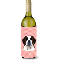Checkerboard Pink Saint Bernard Wine Bottle Beverage Insulator Hugger BB1246LITERK