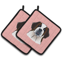 "Caroline's Treasures Checkerboard Pink Saint Bernard Pair of Pot Holders BB1246PTHD, 7.5HX7.5W, Multicolor"