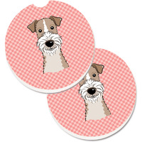 "Caroline's Treasures Checkerboard Pink Wire Haired Fox Terrier Set of 2 Cup Holder Car Coasters BB1247CARC, 2.56, Multicolor"
