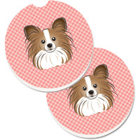 "Caroline's Treasures Checkerboard Pink Papillon Set of 2 Cup Holder Car Coasters BB1248CARC, 2.56, Multicolor"