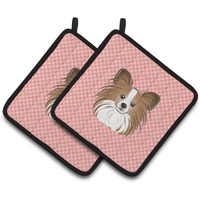 "Caroline's Treasures Checkerboard Pink Papillon Pair of Pot Holders BB1248PTHD, 7.5HX7.5W, Multicolor"