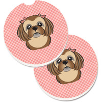 "Caroline's Treasures Checkerboard Pink Chocolate Brown Shih Tzu Set of 2 Cup Holder Car Coasters BB1249CARC, 2.56, Multicolor"