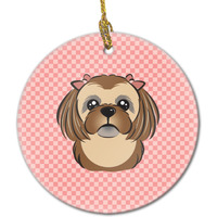 Checkerboard Pink Chocolate Brown Shih Tzu Ceramic Ornament BB1249CO1