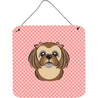 "Caroline's Treasures Checkerboard Pink Chocolate Brown Shih Tzu Wall or Door Hanging Prints, 6 x 6"""