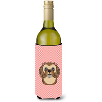 Checkerboard Pink Chocolate Brown Shih Tzu Wine Bottle Beverage Insulator Hugger
