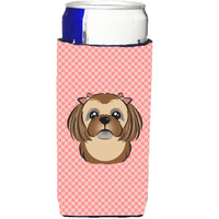 Checkerboard Pink Chocolate Brown Shih Tzu Ultra Beverage Insulators for slim cans