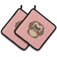 "Caroline's Treasures Checkerboard Pink Chocolate Brown Shih Tzu Pair of Pot Holders BB1249PTHD, 7.5HX7.5W, Multicolor"