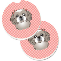 "Caroline's Treasures Checkerboard Pink Gray Silver Shih Tzu Set of 2 Cup Holder Car Coasters BB1250CARC, 2.56, Multicolor"