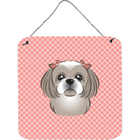 "Caroline's Treasures Checkerboard Pink Gray Silver Shih Tzu Wall or Door Hanging Prints, 6 x 6"""
