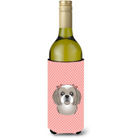 Checkerboard Pink Gray Silver Shih Tzu Wine Bottle Beverage Insulator Hugger BB1250LITERK