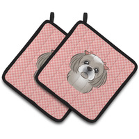 "Caroline's Treasures Checkerboard Pink Gray Silver Shih Tzu Pair of Pot Holders BB1250PTHD, 7.5HX7.5W, Multicolor"