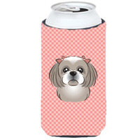 Checkerboard Pink Gray Silver Shih Tzu Tall Boy Beverage Insulator Hugger BB1250TBC