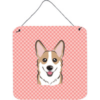 "Caroline's Treasures BB1253DS66 Checkerboard Pink Corgi Aluminum Metal Wall or Door Hanging Prints, 6 x 6"""
