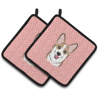 "Caroline's Treasures Checkerboard Pink Corgi Pair of Pot Holders BB1253PTHD, 7.5HX7.5W, Multicolor"