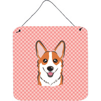 "Caroline's Treasures BB1254DS66 Checkerboard Pink Corgi Aluminum Metal Wall or Door Hanging Prints, 6 x 6"""