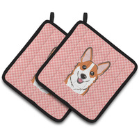 "Caroline's Treasures Checkerboard Pink Corgi Pair of Pot Holders BB1254PTHD, 7.5HX7.5W, Multicolor"