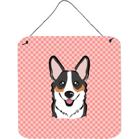 "Caroline's Treasures BB1255DS66 Checkerboard Pink Corgi Aluminum Metal Wall or Door Hanging Prints, 6 x 6"""