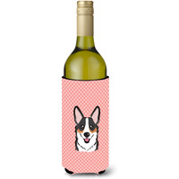 Checkerboard Pink Corgi Wine Bottle Beverage Insulator Hugger BB1255LITERK