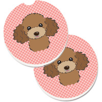 "Caroline's Treasures Checkerboard Pink Chocolate Brown Poodle Set of 2 Cup Holder Car Coasters BB1256CARC, 2.56, Multicolor"