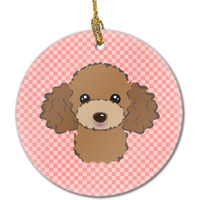 Checkerboard Pink Chocolate Brown Poodle Ceramic Ornament BB1256CO1