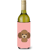 Checkerboard Pink Chocolate Brown Poodle Wine Bottle Beverage Insulator Hugger BB1256LITERK