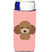 Checkerboard Pink Chocolate Brown Poodle Ultra Beverage Insulators for slim cans