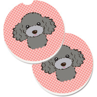 "Caroline's Treasures Checkerboard Pink Silver Gray Poodle Set of 2 Cup Holder Car Coasters BB1259CARC, 2.56, Multicolor"
