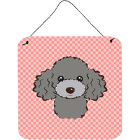 "Caroline's Treasures Checkerboard Pink Silver Gray Poodle Wall or Door Hanging Prints, 6 x 6"""