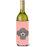 Checkerboard Pink Silver Gray Poodle Wine Bottle Beverage Insulator Hugger BB1259LITERK