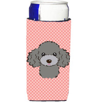 Checkerboard Pink Silver Gray Poodle Ultra Beverage Insulators for slim cans